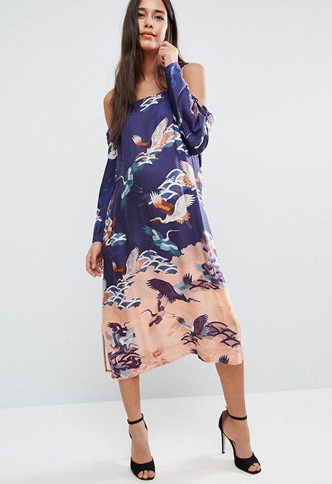 ASOS Maternity Cold Shoulder Dress in Pretty Bird Print, available at ASOS | ASOS Fashion and Beauty Feed