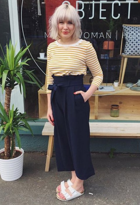 As Seen On Me girl wearing yellow stripe top and high waist culottes and white Birkenstocks | ASOS Fashion & Beauty Feed