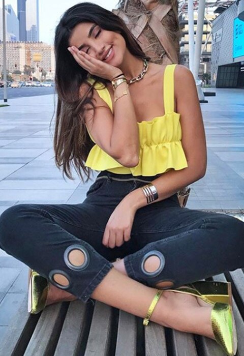 As Seen On Me girl wearing frill yellow crop top, dark denim jeans and metallic platform heels | ASOS Fashion & Beauty Feed