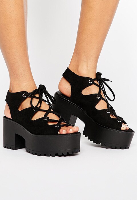 Model wearing Pull & Bear lace-up wedge ghillie sandals in black, available at ASOS | ASOS Fashion & Beauty Feed