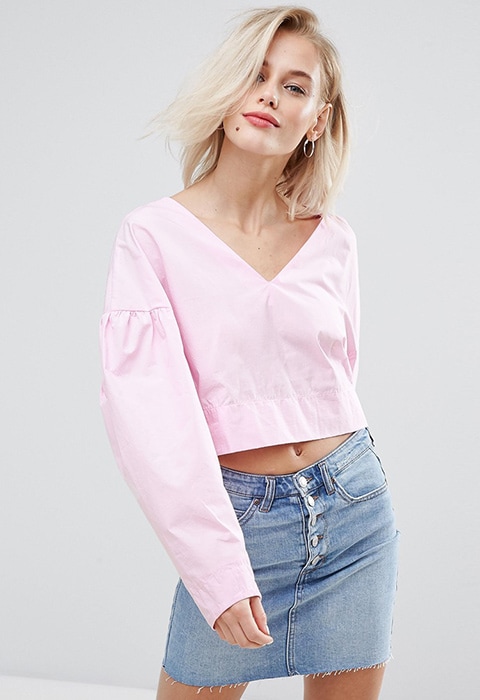 Model wearing Pull & Bear pink crop top with balloon sleeves, available at ASOS | ASOS Fashion & Beauty Feed
