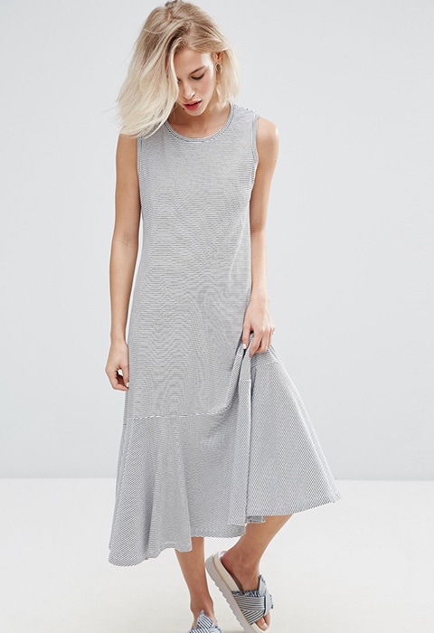 Model wearing Pull & Bear oversized dress with drop waist in stripe, available at ASOS | ASOS Fashion & Beauty Feed