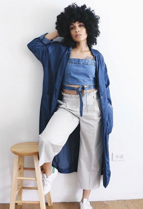 Blogger wearing a denim bandeau. Available at ASOS.
