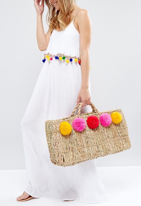 Pitusa pom pom straw beach bag available at ASOS | ASOS Fashion & Beauty Feed