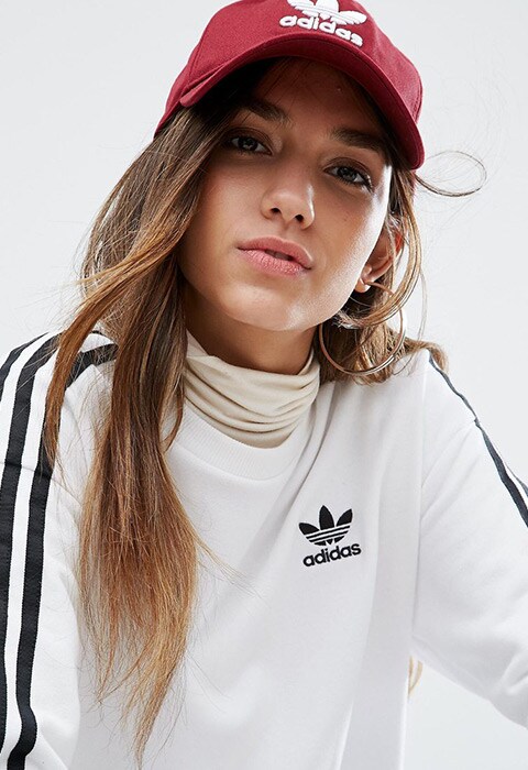Model wearing adidas Originals Logo Cap In Burgundy, available on ASOS | ASOS Fashion & Beauty Feed