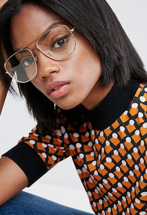 Model wearing ASOS Geeky Clear Lens Square Aviator Glasses, available on ASOS | ASOS Fashion & Beauty Feed