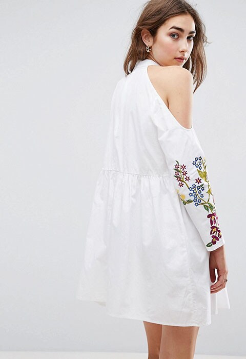 Model wearing ASOS embroidered cold-shoulder dress, available at ASOS | ASOS Fashion & Beauty Feed
