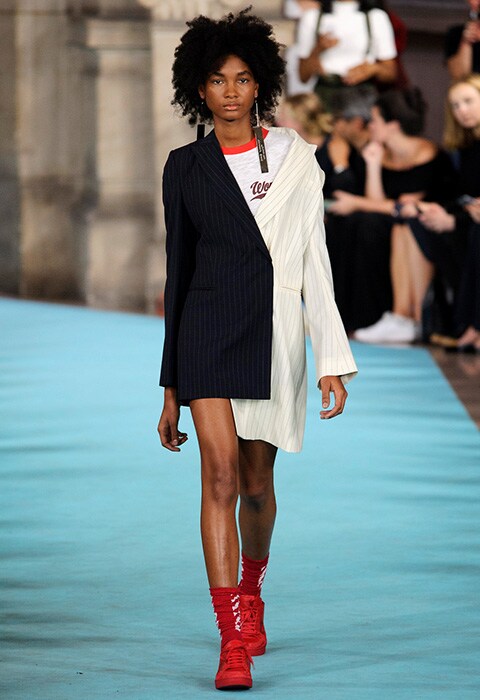 Off-White SS17 catwalk wearing pinstripe blazer dress, red trainers and red socks | ASOS Fashion & Beauty Feed