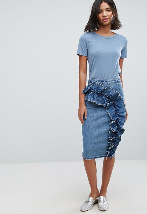 Lost Ink denim midi skirt with oversized ruffle | ASOS Fashion & Beauty Feed