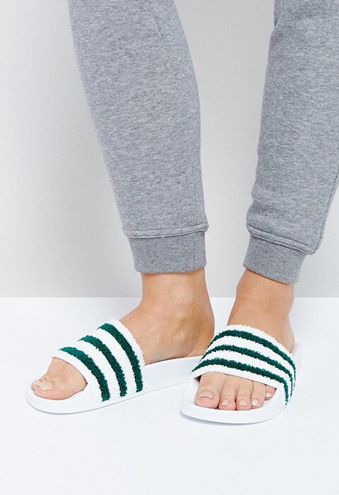 adidas Originals White And Green Towelling Adilette Slider Sandals, available at ASOS | ASOS Fashion and Beauty Feed