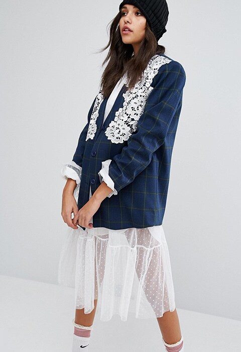 Model wearing STYLENANDA Blazer With Lace Overlay in Check, available on ASOS | ASOS Fashion & Beauty Feed