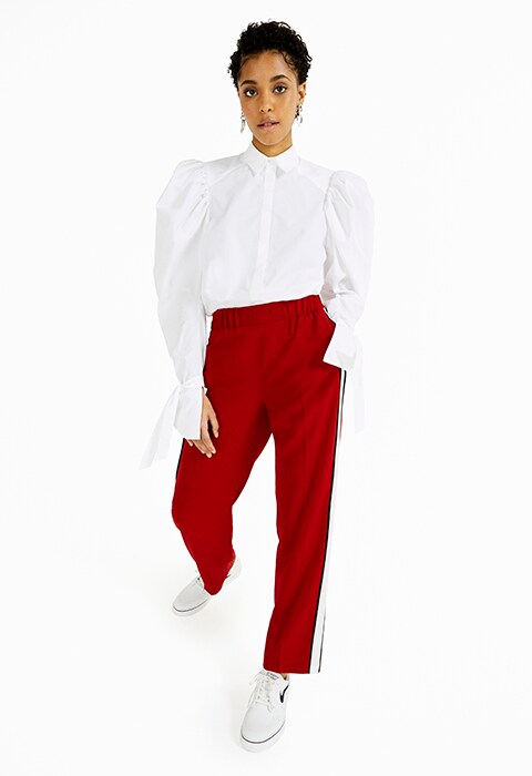 white asos shirt with red trackies