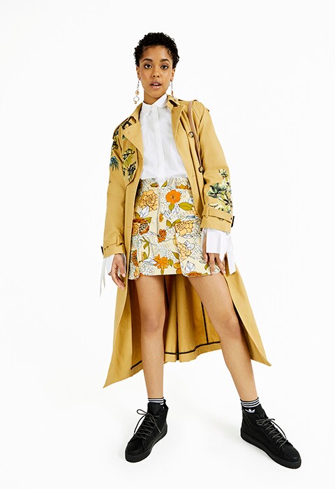 white asos shirt with yellow skirt and duster coat