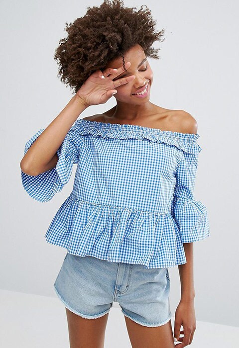 Monki Gingham Ruffle Bardot Top, available at ASOS | ASOS Fashion and Beauty Feed