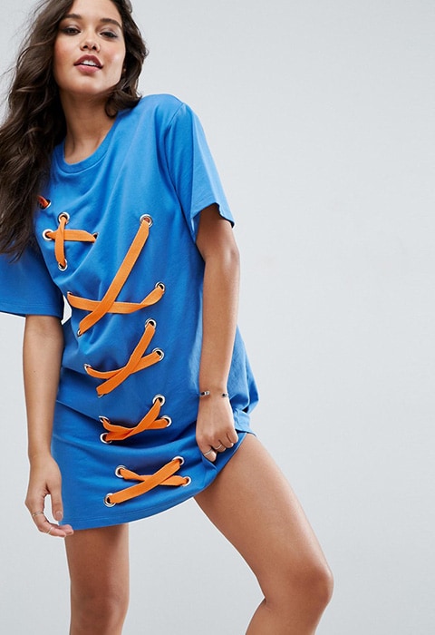 model wearing ASOS Sweat T-Shirt Dress With Contrast Lace up Detail, available on ASOS