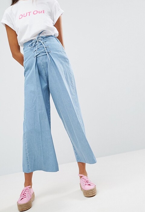 model wearing ASOS Corset Front Wide Leg Jeans, available on ASOS