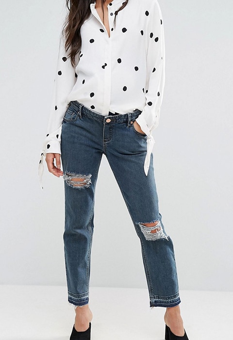 Maternity polka dot shirt and ripped jeans