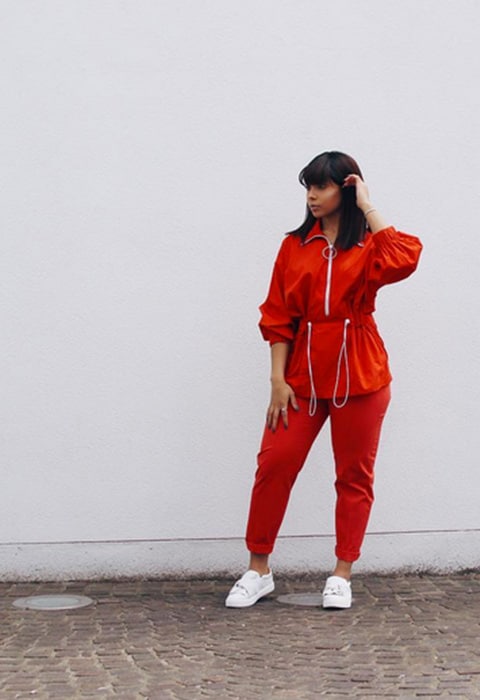 #AsSeenOnMe blogger wearing a red tracksuit. Available at ASOS