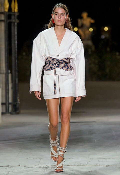 Isabel Marant SS17 model wearing white skirt suit and printed corset belt | ASOS Fashion & Beauty Feed