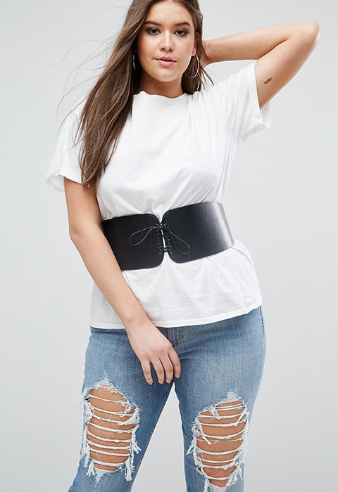 Model wearing Johnny Love Rosie leather-look corset-belt in black, available at ASOS | ASOS Fashion & Beauty Feed