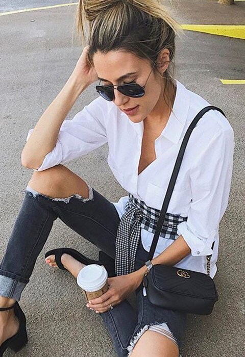 As Seen On Me outfit white shirt with gingham waist belt, ripped jeans and strappy heels | ASOS Fashion & Beauty Feed