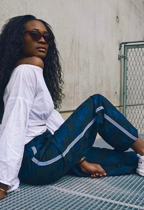 As Seen On Me outfit off the shoulder white shirt, patterned joggers and white trainers | ASOS Fashion & Beauty Feed