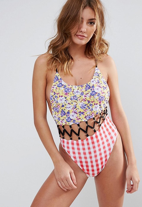 Jaded London Mix Print Gingham Lace Up Swimsuit, available at ASOS