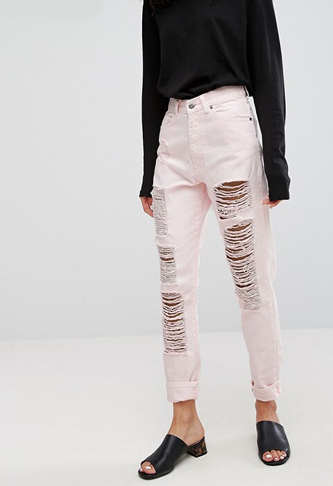 Model wearing Dr Denim Nora Mom Jean with Rips and Abrasions, available on ASOS | ASOS Fashion & Beauty Feed