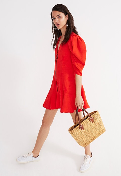Model wearing 80s red dress with trainers | ASOS Fashion & Beauty Feed