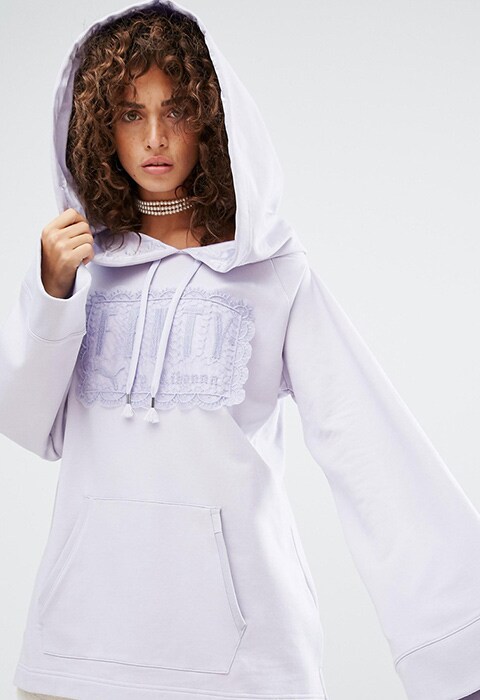 model wearing Puma X Fenty Fleece Off Shoulder Hoodie, available on ASOS | ASOS Fashion & Beauty Feed