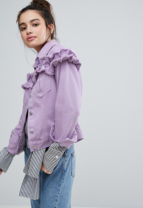 model wearing H! By Henry Holland Denim Jacket With Frill, available on ASOS | ASOS Fashion & Beauty Feed