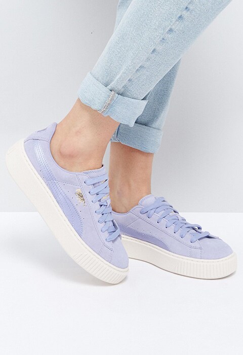 model wearing Puma Suede Satin Platform Sneakers in Lilac, available on ASOS | ASOS Fashion & Beauty Feed