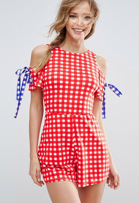 Model wearing gingham ASOS playsuit with a bow back | ASOS Fashion & Beauty Feed