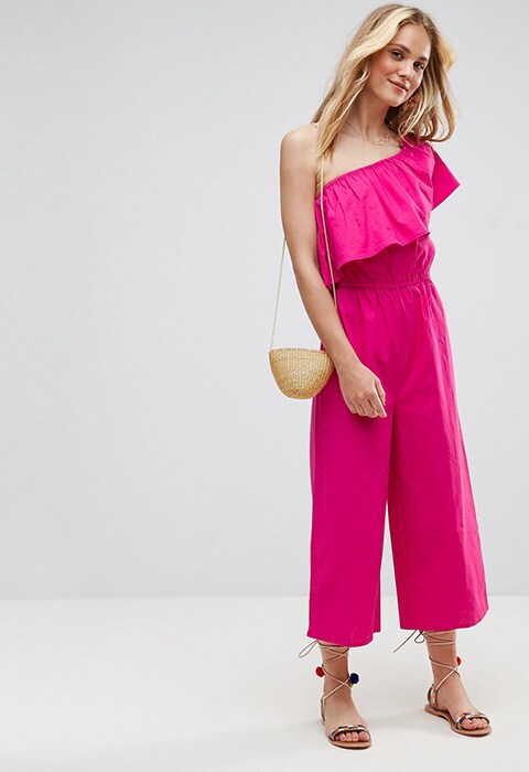 Model wearing pink ASOS one-shoulder jumpsuit | ASOS Fashion & Beauty Feed