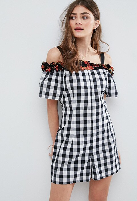 Model wearing ASOS gingham and floral ruffle playsuit | ASOS Fashion & Beauty Feed