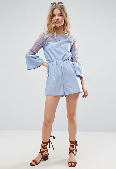 Model wearing blue ASOS chambray playsuit with embroidered shirred sleeves | ASOS Fashion & Beauty Feed