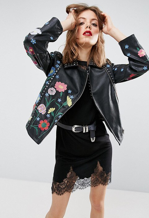 ASOS Floral Embroidered Leather Biker Jacket, available on ASOS