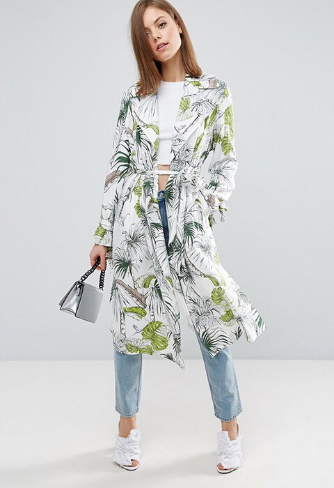 model wearing ASOS Soft Coat in Tropical Palm Print, available on ASOS
