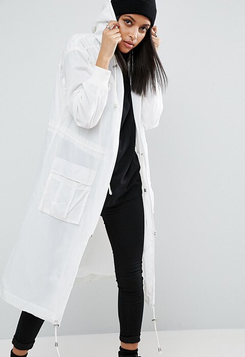 model wearing ASOS Rainwear Parka With Mesh Lining, available on ASOS