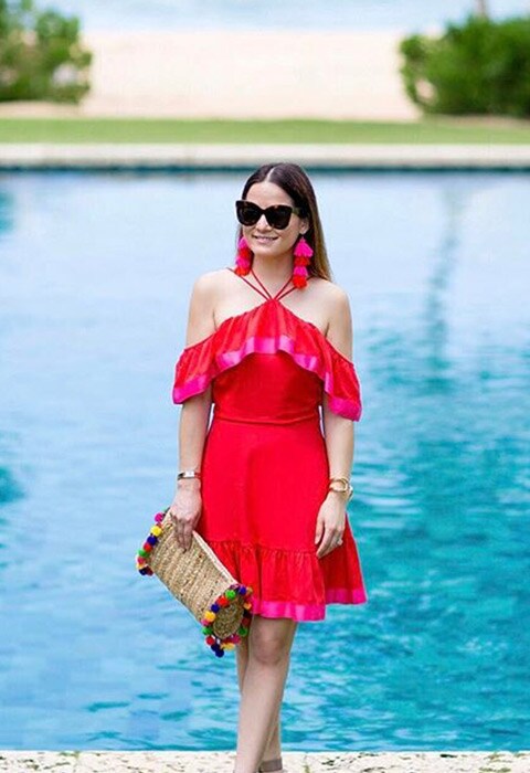 Instagrammer Jennifer Lake wearing red dress and red statement earrings | ASOS Fashion and Beauty Feed