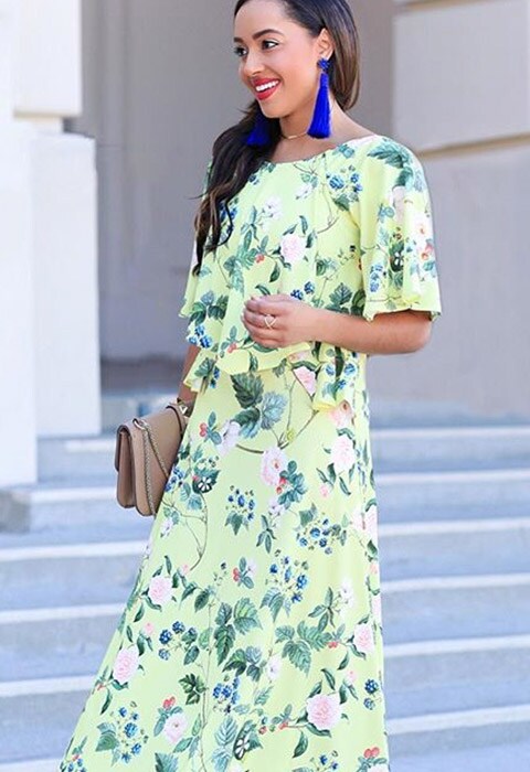 AsSeenOnMe Instagrammer wearing a patterned dress and blue statement earrings | ASOS Fashion and Beauty Feed