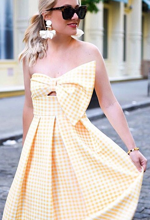 AsSeenOnMe Instagrammer wearing yellow gingham dress and statement earrings | ASOS Fashion and Beauty Feed