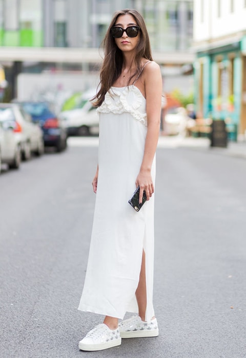 Blogger wearing a white column dress | ASOS Fashion & Beauty Feed