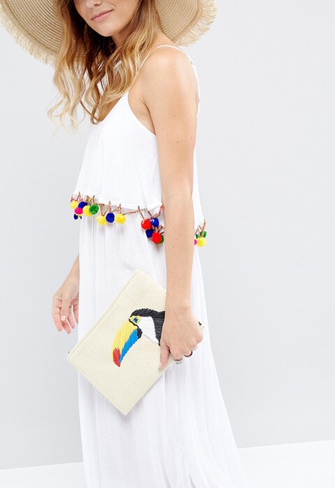 South Beach Toucan Embroidered Straw Clutch Bag, available at ASOS | ASOS Fashion and Beauty Feed