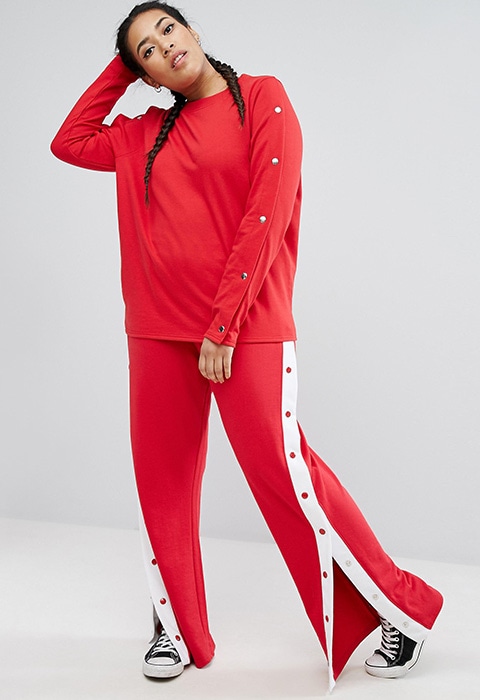 model wearing Daisy Street Plus Co-Ord Track Pant With Poppers, available on ASOS