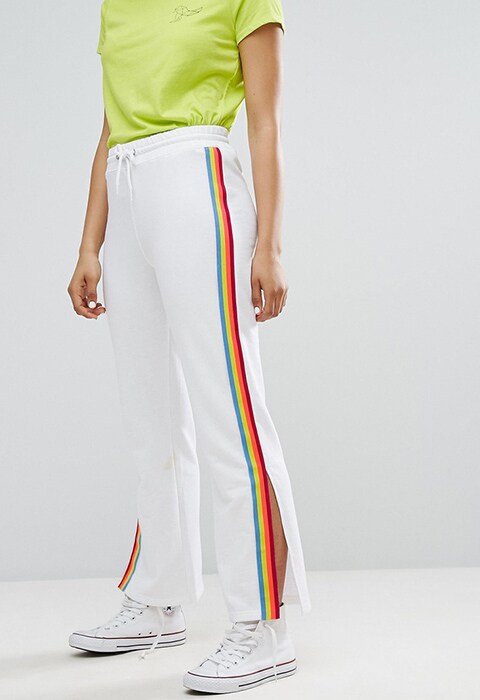 model wearing Daisy Street Wide Leg Track Pants With Neon Sports Stripe, available on ASOS