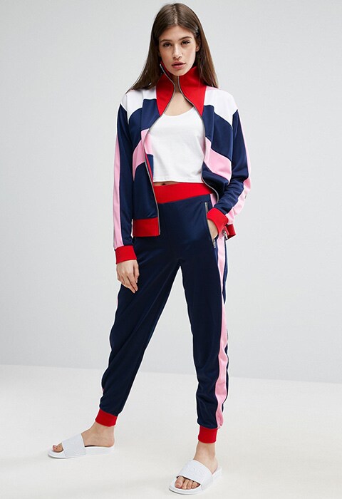 model wearing ASOS Track Pant with Colour Block Panels Co-ord, available on ASOS