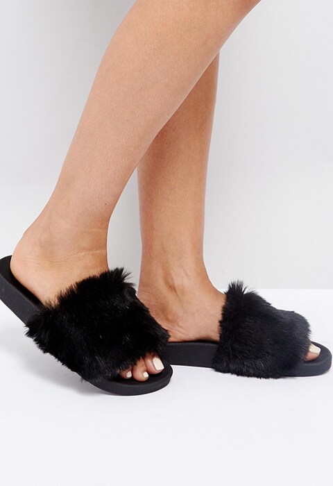 TheWhiteBrand black faux-fur sliders | ASOS Fashion & Beauty Feed