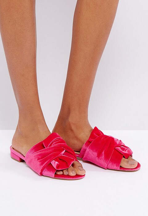 River Island pink bow-front velvet mules | ASOS Fashion & Beauty Feed