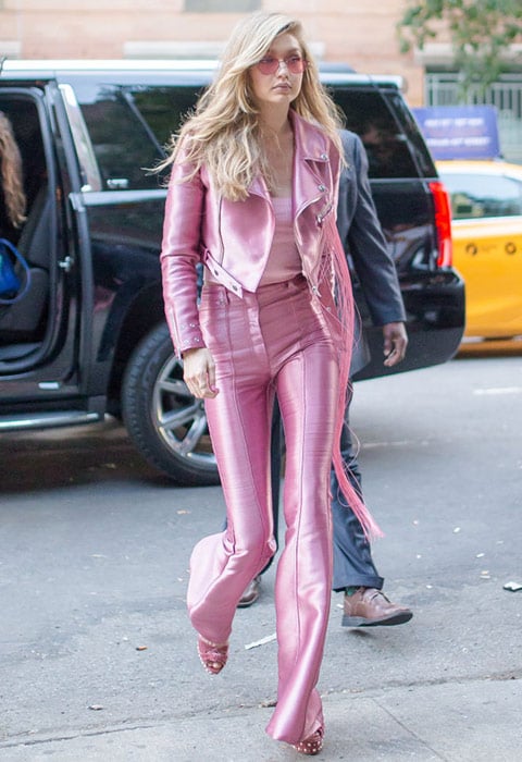 Gigi Hadid wearing a head-to-toe pink outfit | ASOS Fashion & Beauty Feed